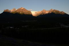 11 Sunrise On Sheol Mountain, Haddo Peak, Mount Aberdeen, Fairview Mountain, Mount Victoria, Mount Whyte, Mount Niblock, Mount St Piran From Hill At Lake Louise Village.jpg